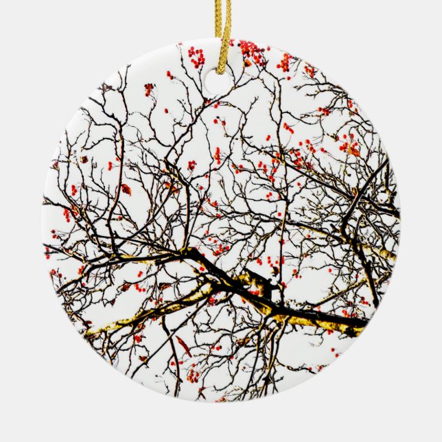 Red rowan fruits or ash berries ceramic tree decoration (Front)
