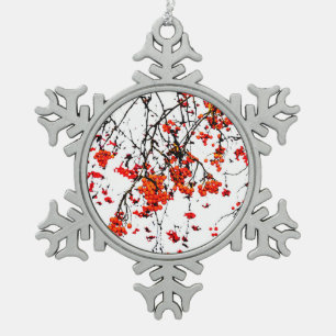 Red rowan fruits or ash berries snowflake pewter christmas ornament