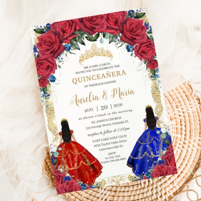 Red Royal Blue Floral Girls Twins Quinceañera XV Invitation (Creator Uploaded)