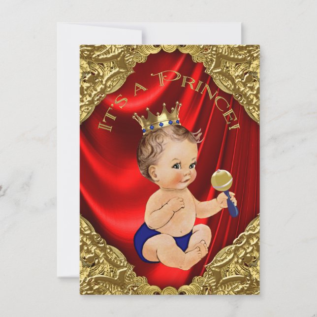 Red Royal Blue Gold Satin Prince Baby Shower Invitation (Front)