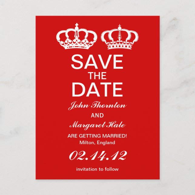Red Royal Couple Save the Date Announcement Postcard (Front)