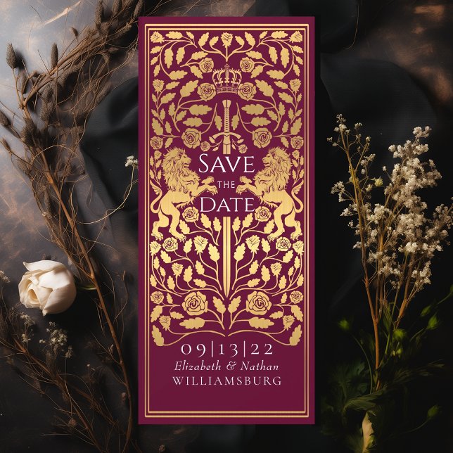 Red Royal Lion Mediaeval Gold Wedding Save the Dat Invitation (Creator Uploaded)