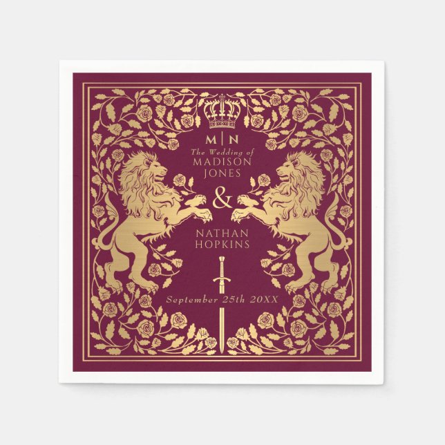 Red Royal Lion Mediaeval Sword Wedding  Napkin (Front)