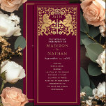 Red Royal Lion Mediaeval Sword Wedding Program Programme<br><div class="desc">Unveil the magic of your big day! These mediaeval fantasy wedding programs feature a regal lion surrounded by intricate gold florals and a monogram against a red background, blending elegance with a touch of grandeur. A perfect keepsake for your fairytale celebration! The gold featured on this item is NOT real...</div>