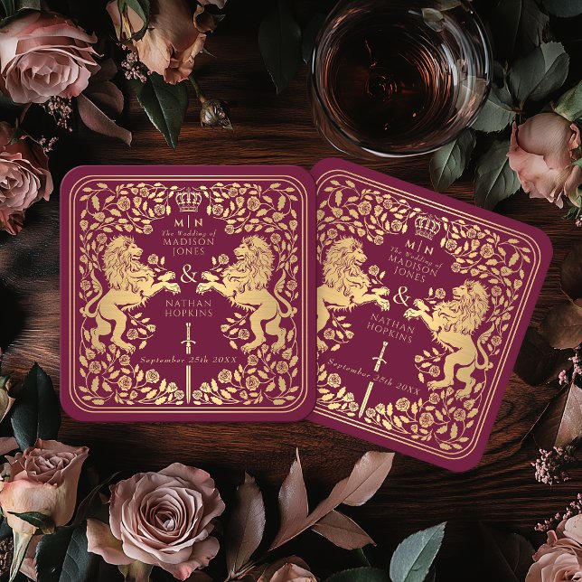 Red Royal Lion Mediaeval Sword Wedding Square Paper Coaster (Creator Uploaded)