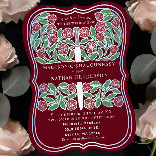 Red Royal Mediaeval Floral Silver Sword Wedding Invitation