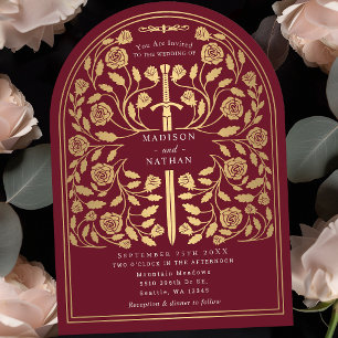 Red Royal Mediaeval Gold Sword Wedding Arch Invitation