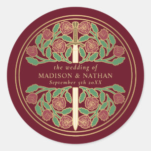 Red Royal Mediaeval Gold Sword Wedding Classic Round Sticker
