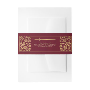 Red Royal Mediaeval Gold Sword Wedding Invitation Belly Band