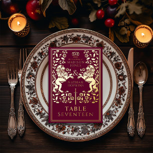 Red Royal Mediaeval Lion Wedding Foil Table Card