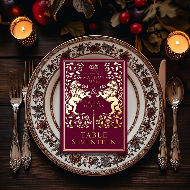 Red Royal Mediaeval Lion Wedding  Foil Table Card (Creator Uploaded)