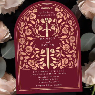 Red Royal Mediaeval Rose Gold Sword Wedding Arch Invitation
