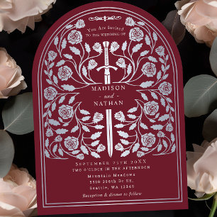 Red Royal Mediaeval Silver Sword Wedding Arch Invitation