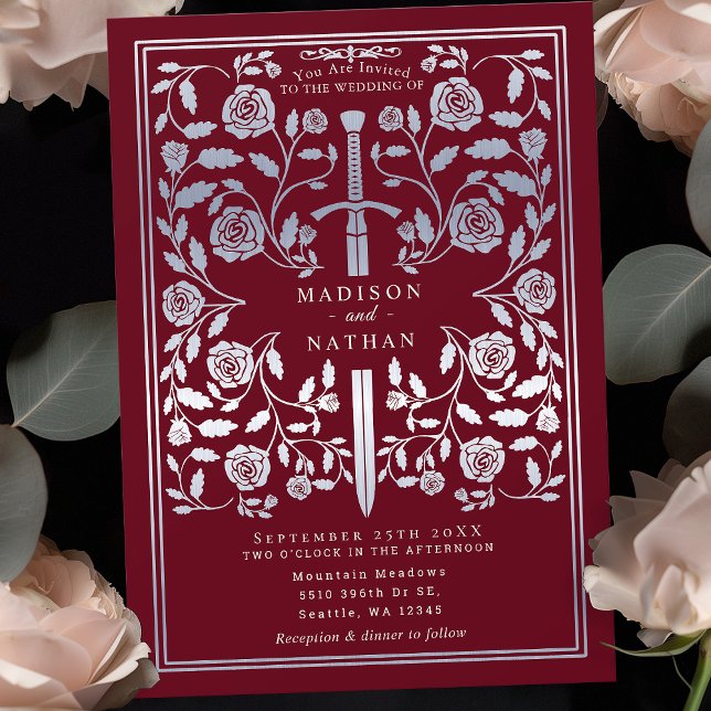 Red Royal Mediaeval Silver Sword Wedding  Invitation (Creator Uploaded)