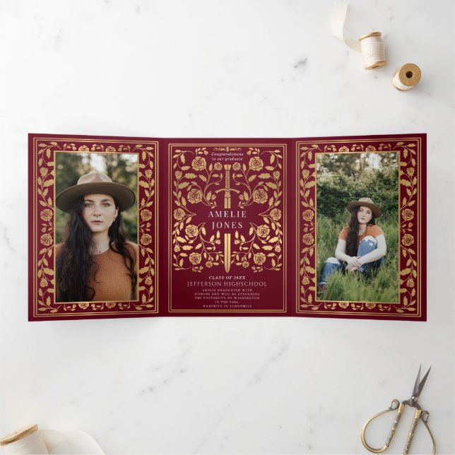 Red Royal Mediaeval Sword Photo Graduation Party Tri-Fold Invitation (Inside)