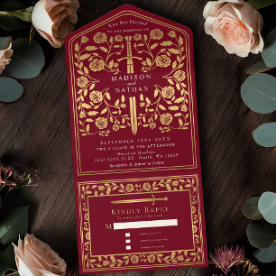 Red Royal Mediaeval Sword Wedding All In One Invitation