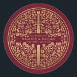 Red Royal Mediaeval Sword Wedding Classic Round Sticker<br><div class="desc">Celebrate your special day with this Royal Mediaeval Sword Wedding design. The design on the back of the invite is NOT real gold foil. You can customise this further by clicking on the "PERSONALIZE" button.</div>