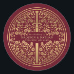 Red Royal Mediaeval Sword Wedding Classic Round Sticker<br><div class="desc">Celebrate your special day with this Royal Mediaeval Sword Wedding design. The design on the back of the invite is NOT real gold foil. You can customise this further by clicking on the "PERSONALIZE" button.</div>