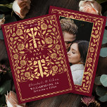 Red Royal Mediaeval Sword Wedding Photo Save The Date<br><div class="desc">Set the stage for your fairytale wedding! These photo save-the-date cards feature a stunning mediaeval fantasy design of a gold sword surrounded by delicate florals on a red background. Perfect for announcing your epic love story. Note that the gold featured in this design is NOT real foil and is printed...</div>