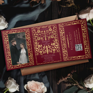 Red Royal Mediaeval Sword Wedding QR Code Tri-Fold Invitation