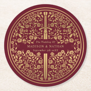 Red Royal Mediaeval Sword Wedding Round Paper Coaster