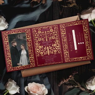 Red Royal Mediaeval Sword Wedding Tri-Fold Invitation