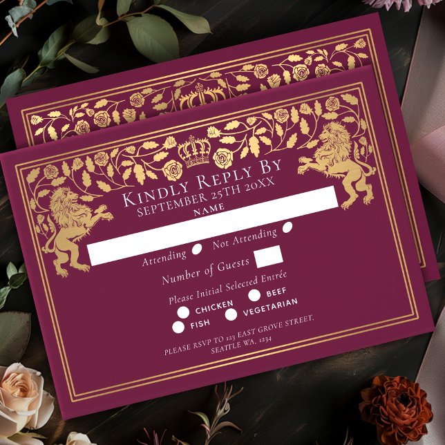 Red Royal Medieval Lion Wedding RSVP Card (Creator Uploaded)