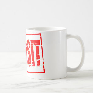 Red rubber stamp effect deposit coffee mug