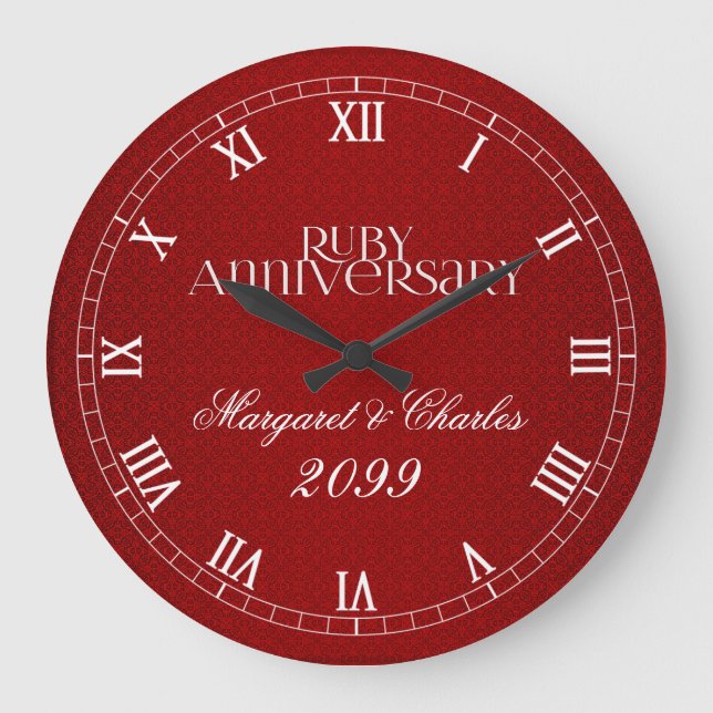 Red Ruby 40th Wedding Anniversary Name Year Large Clock (Front)
