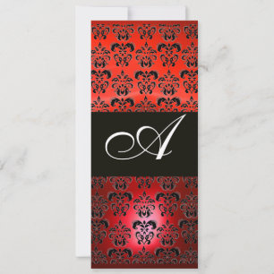 RED RUBY AND BLACK  DAMASK MONOGRAM , white Invitation