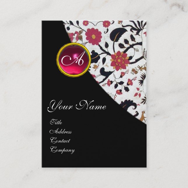 RED RUBY DAMASK MONOGRAM 2 fuchsia,pearl Business Card (Front)