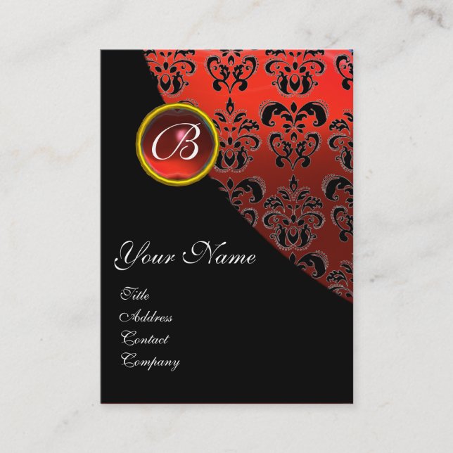RED RUBY DAMASK MONOGRAM, BUSINESS CARD (Front)