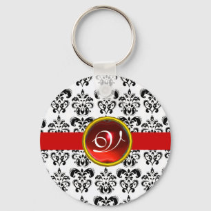 RED RUBY DAMASK MONOGRAM, KEY RING