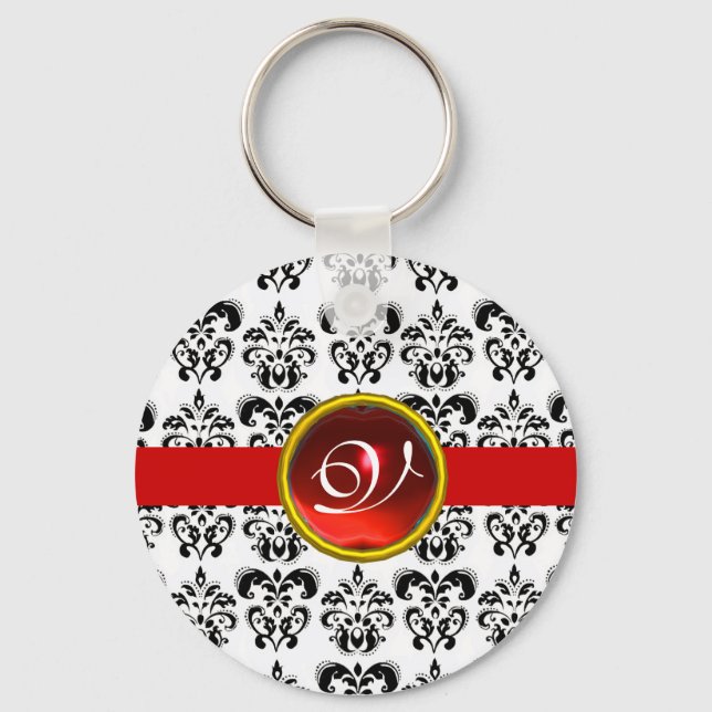 RED RUBY DAMASK MONOGRAM, KEY RING (Front)