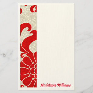 Red Ruby Damask Vintage Themed with Name Stationery