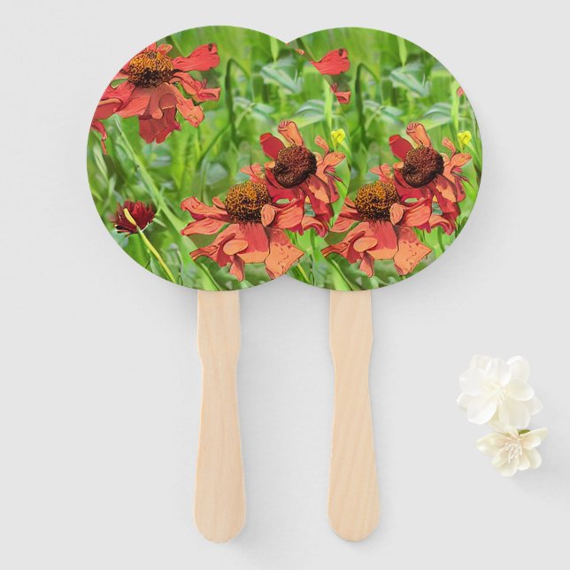 RED RUDBECKIA FLOWERS HAND FAN (Front and Back)