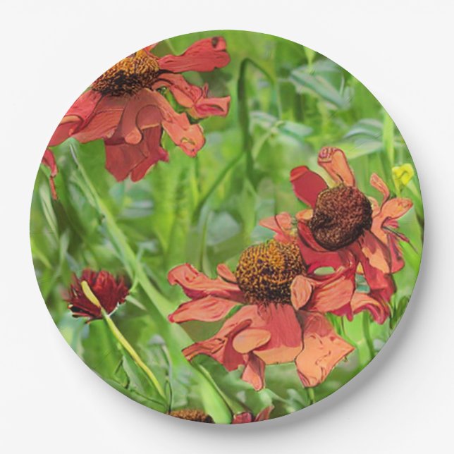 RED RUDBECKIA FLOWERS PAPER PLATE (Front)