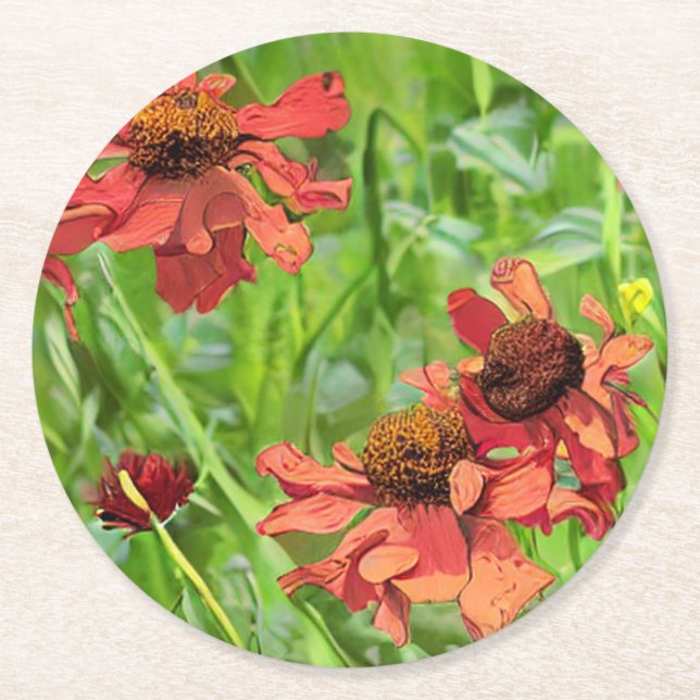 RED RUDBECKIA FLOWERS ROUND PAPER COASTER (Front)