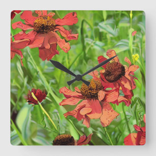 RED RUDBECKIA FLOWERS SQUARE WALL CLOCK