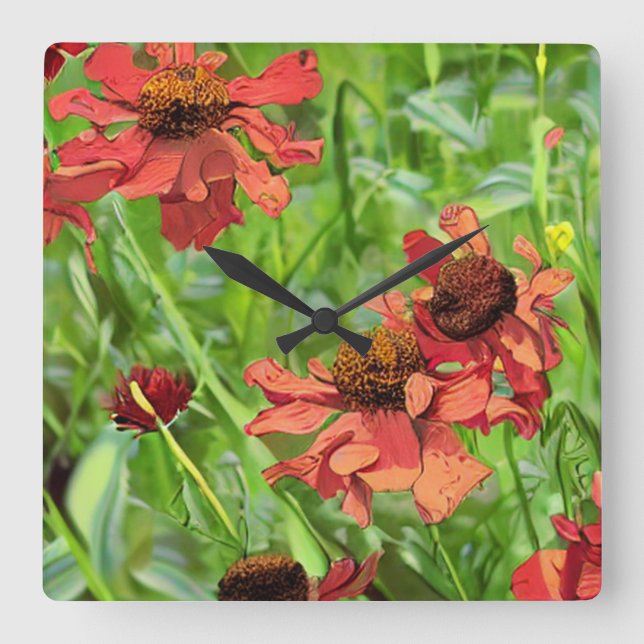 RED RUDBECKIA FLOWERS SQUARE WALL CLOCK (Front)