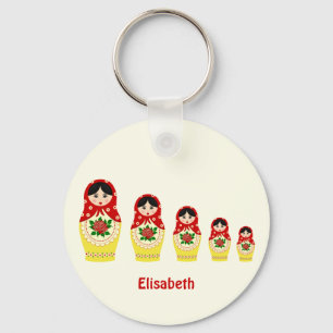 Red russian matryoshka nesting dolls name key ring