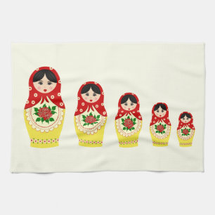 Red russian matryoshka nesting dolls tea towel
