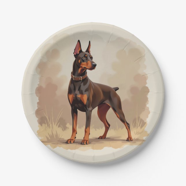 Red Rust Brown Doberman Pinscher Dog Paper Plate (Front)
