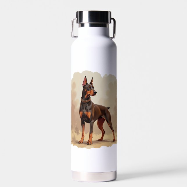 Red Rust Brown Doberman Pinscher Dog Water Bottle (Front)