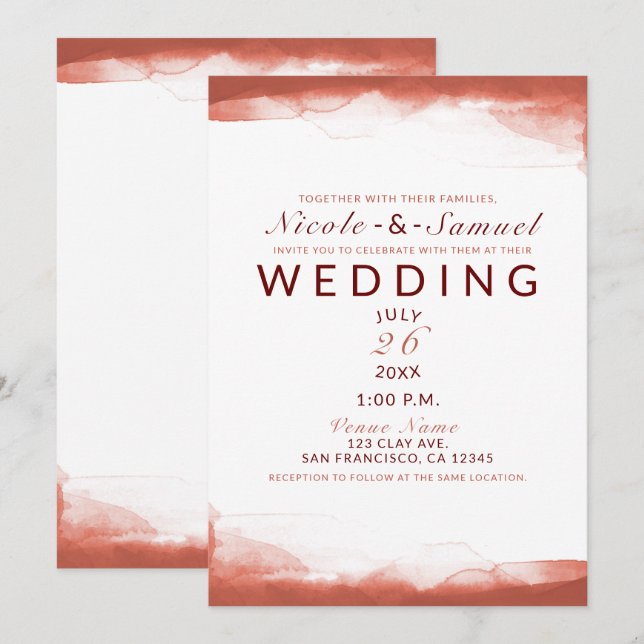 Red Rust Clay Brown Watercolor Chic Modern Wedding Invitation (Front/Back)