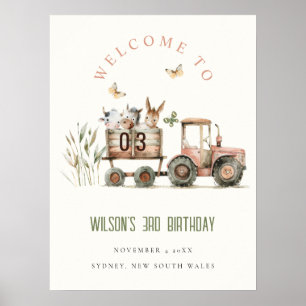 Red Rust Farm Animals Tractor Kid Birthday Welcome Poster