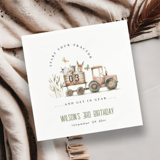 Red Rust Farm Animals Tractor Kids Birthday Napkin