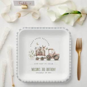 Red Rust Farm Animals Tractor Kids Birthday Paper Plate