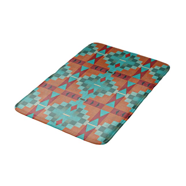 Red Rust Orange Turquoise Teal Blue Tribal Art Bath Mat (Angled)