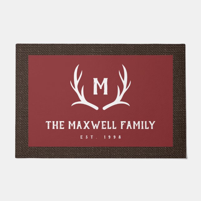 Red Rustic Antler Monogram Faux Burlap Border Doormat (Front)